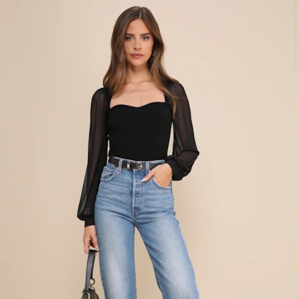 NWT Sensational Sweetheart Black Ribbed Balloon Sleeve Bodysuit from Lulu’s